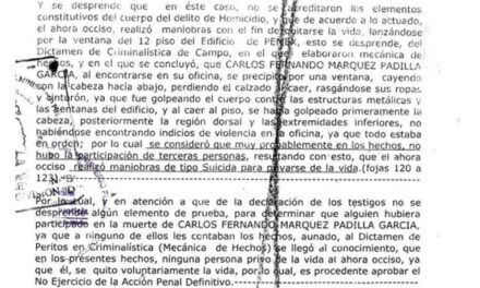 Caso Casar: Ahora Presidencia difunde dictamen, también sin testar, sobre muerte de Carlos Márquez Padilla