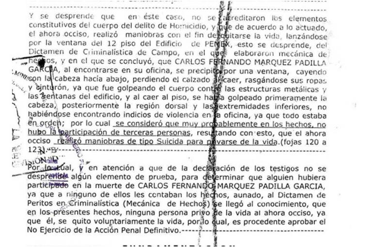 Caso Casar: Ahora Presidencia difunde dictamen, también sin testar, sobre muerte de Carlos Márquez Padilla